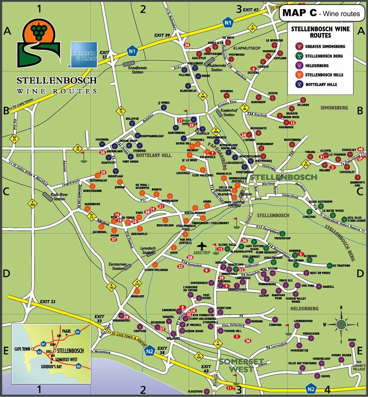mapa ardoaren ibilbidea errepide mapa Cape Town
