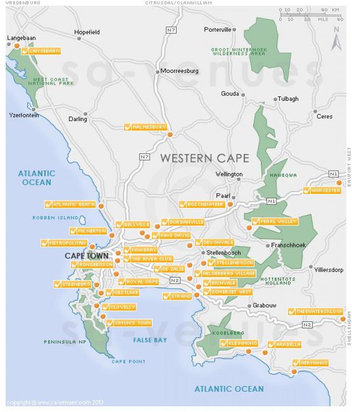 mapa Cape Town golf ikastaroak 