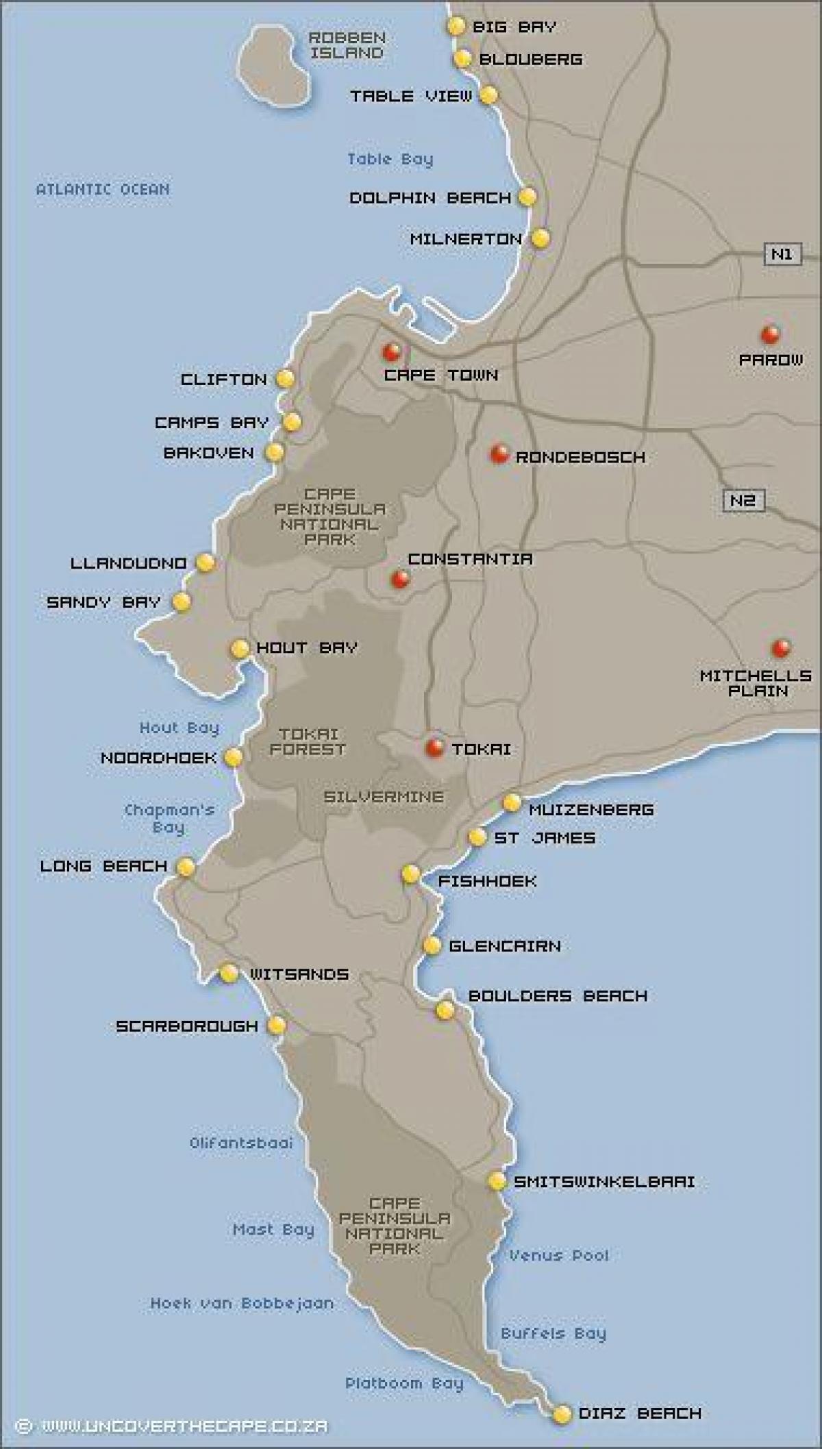 mapa Cape Town hondartzak