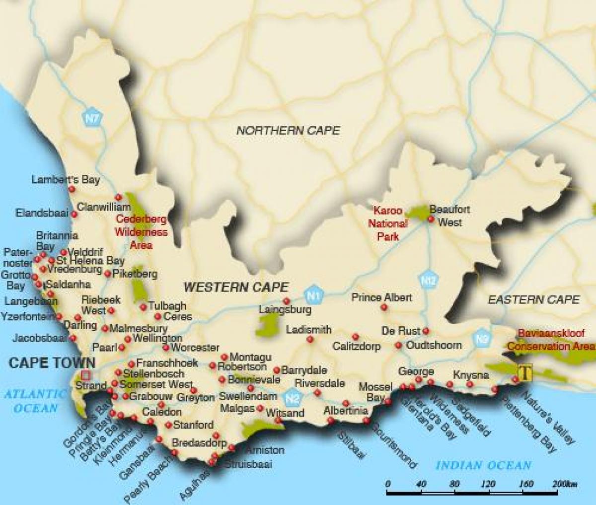 western cape hondartzak mapa
